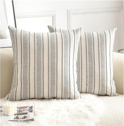 Decorative Boho Throw Pillow Covers, Farmhouse Textured Pillow Case, 20 x 20 Inch Set of 2, Chair Sofa Bedroom Living Room Home Decor Couch Cushion Case, Grey and Beige Striped