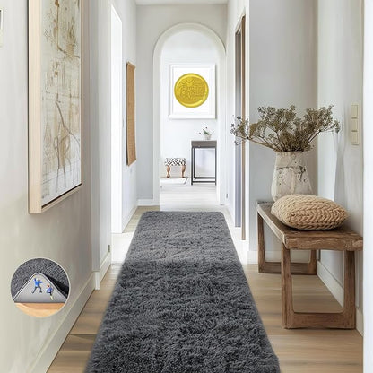 Ophanie 2x8 Runner Rug for Hallway, Upgrade Non-Slip Fluffy Soft Bedside Rugs, Bedroom Living Room Grey Shaggy Gray Carpet for Kids Girls Boys Dorm Nursery Home Decor Aesthetic