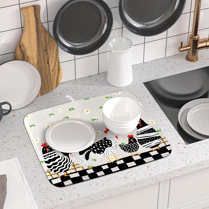 Black Rooster Dish Drying Mat for Countertop 16x18 Inches Buffalo Plaid - Image 6