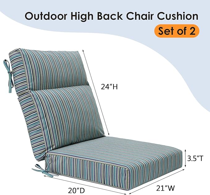 Sunbrella Outdoor High Back Chair Cushion Seat Pads, 44 x 21 Inch Water-Repellent & Fade-Resistant Patio Furniture Cushions with Ties for Adirondack, Rocking Chairs, Swell Turquoise