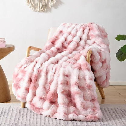 Smoofy Faux Fur Throw Blanket for Couch Rabbit Fleece - Tie-dye Pink Fluffy Blanket for Sofa Bedroom Living Room, Cozy Soft Plush Luxury Thick Winter Fuzzy Comfy Bubble Blanket - 50" x 60"