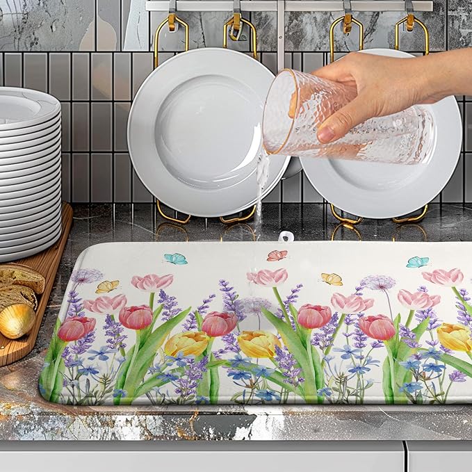 Spring Floral Dish Drying Mat for Kitchen Counter Tulip Lavender Flower Dishes - Image 5