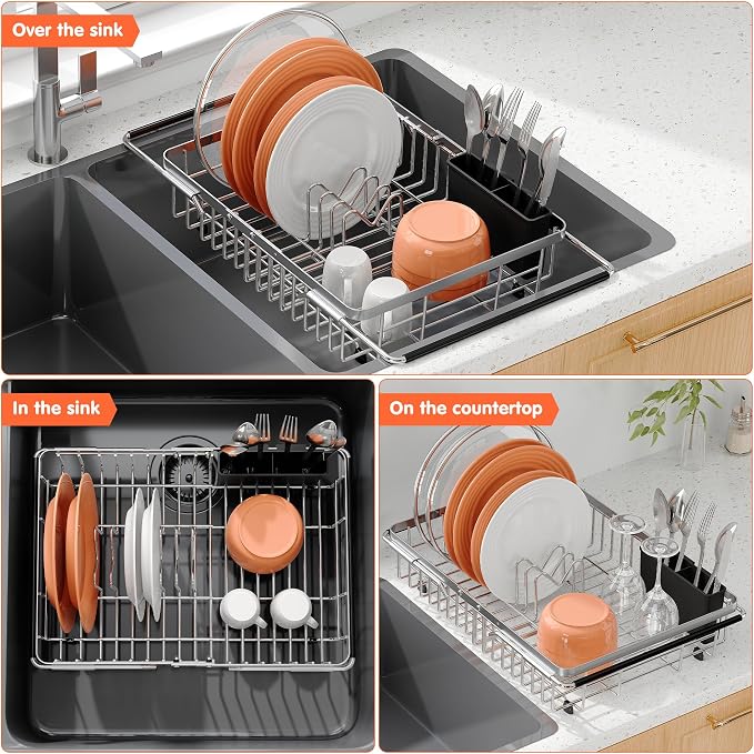 Small Expandable Over The Sink Dish Drainer Drying Rack In Stainless Steel Metal - Image 3