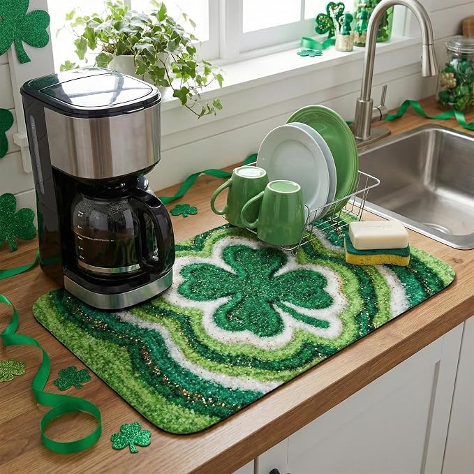 St Patrick’s Day Dish Drying Mat: 12’’x20’’ Green Shamrock Absorbent Counter by EazziSwitch