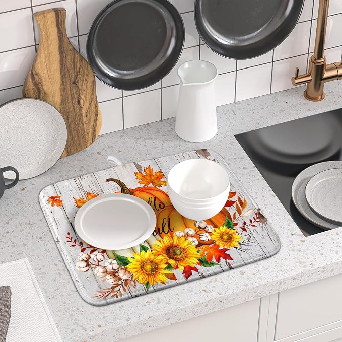 Hello Fall Dish Drying Mat for Kitchen Counter 16x18 Inch Orange Pumpkin - Image 6