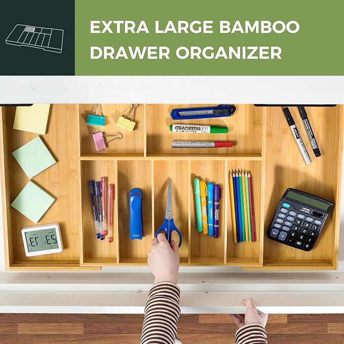 VaeFae Bamboo Kitchen Drawer Organizer, Wooden Utensil Tray - Image 2