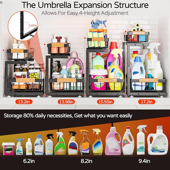 ADBIU Under Sink Organizer, 2 Pack 2 Tier Expandable Height Pulling Out Kitchen - Image 4