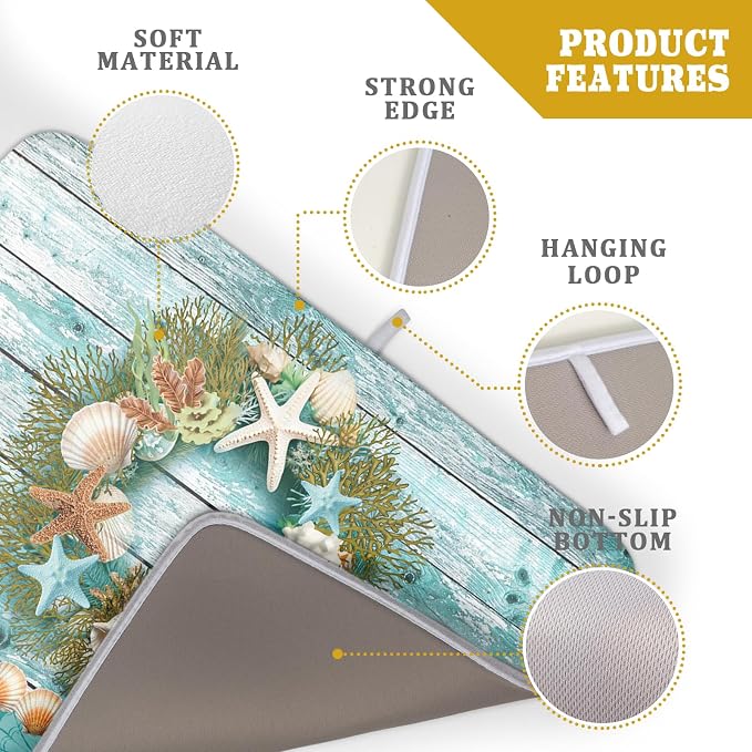 Coastal Wreath Dish Drying Mat 18x24 inch Starfish Shell Absorbent Microfiber - Image 4