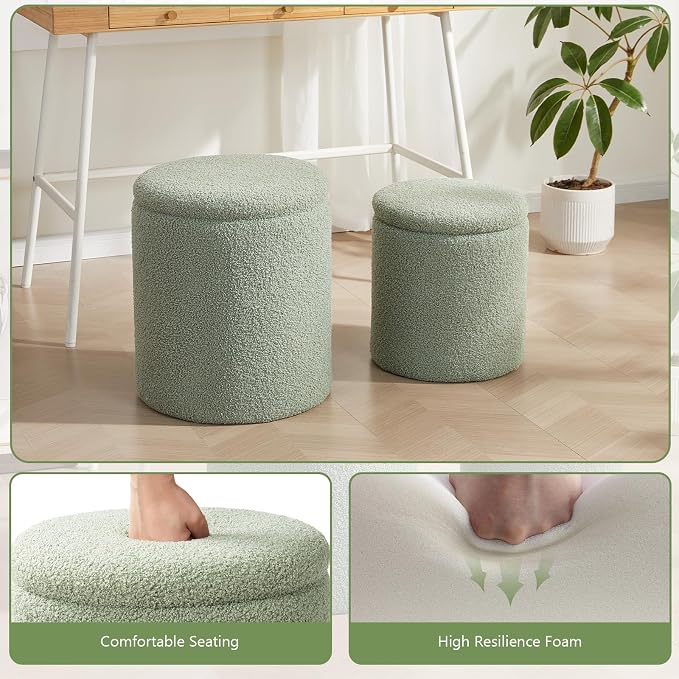 Boucle Round Ottoman with Storage Set of 2, Small Foot Stool Ottoman - Image 5