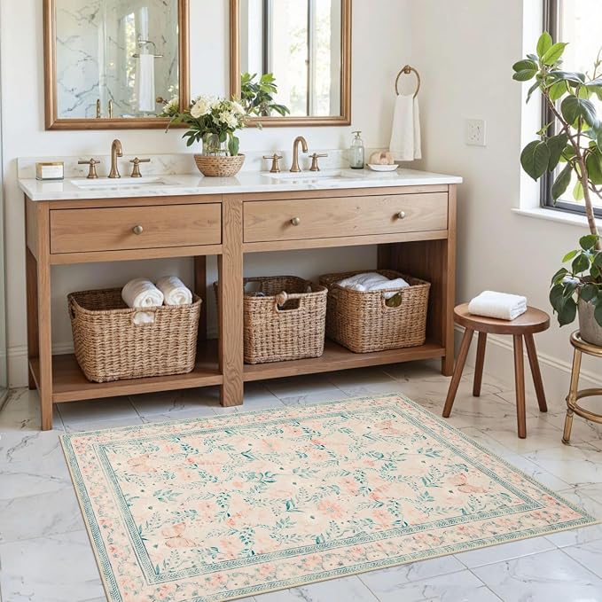 Pink Door Mat Floral Entryway Rug, Washable Samll 2x3 Rug, Boho Front Door Mat - Image 3
