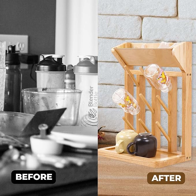 Natural Vertical Bottle Drying Rack Rubber Wood 9 Hooks, Use - Image 5