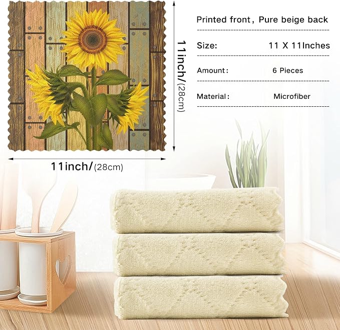 ALAZA Dish Towels Kitchen Cleaning Cloths Sunflower On Wooden Board Vintage - Image 3