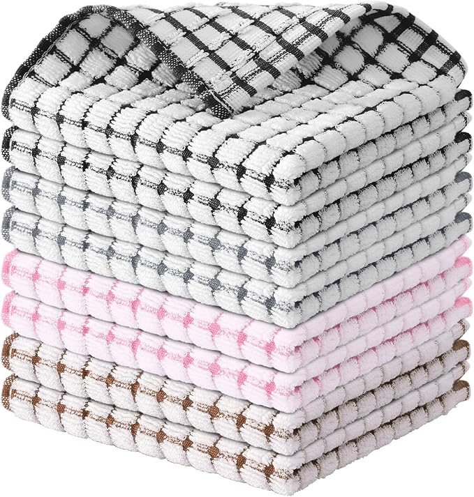 Kitinjoy Cotton 8 Pack Terry Kitchen Dish Cloths, 12 x 12 Inches Super Soft and by Kitinjoy