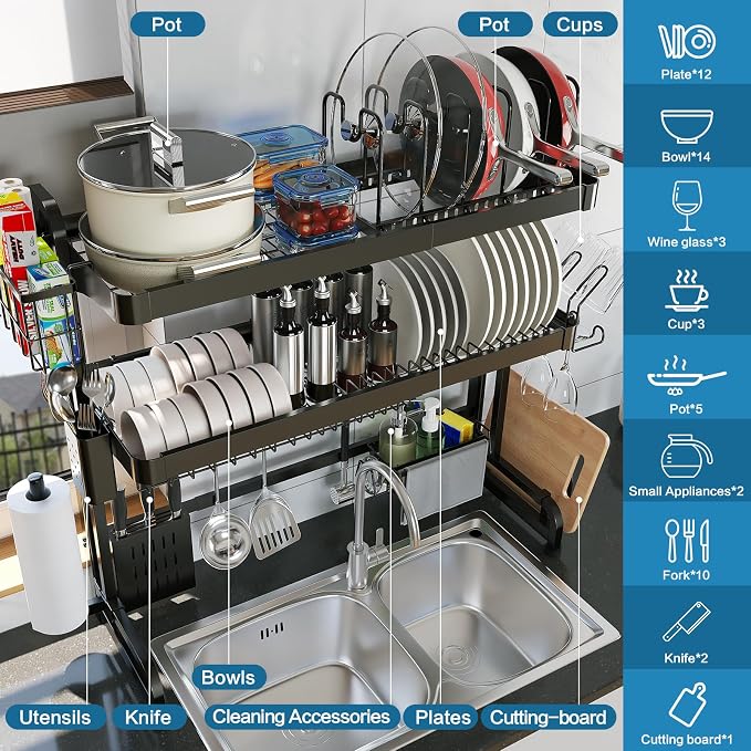 Over The Sink Dish Drying Rack, 3 Tier Adjustable Length Full Stainless Steel - Image 2