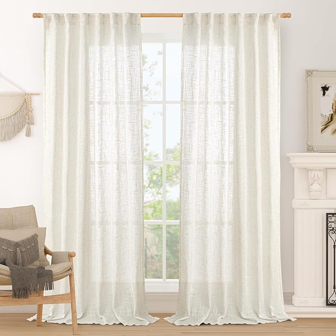 LAMIT 102 inch Semi Sheer Linen Curtains for Living Room, Back Tab and Rod Pocket Cream Curtains Light Filtering Country Rustic Neutral Drapes for Bedroom/Farmhouse, 2 Panels, 52 x 102 Inch