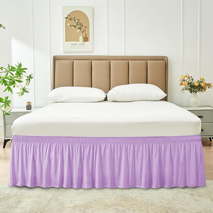 Biscaynebay Wrap Around Bed Skirts with Adjustable Belts for Queen Beds 15" Drop, Violet Elastic Dust Ruffles Silky Luxrious Fabric Machine Washable