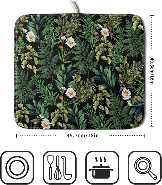Green Botanical Dish Drying Mat 16x18 Inch Plant Leaf Fast Dry Dish Drainer - Image 2