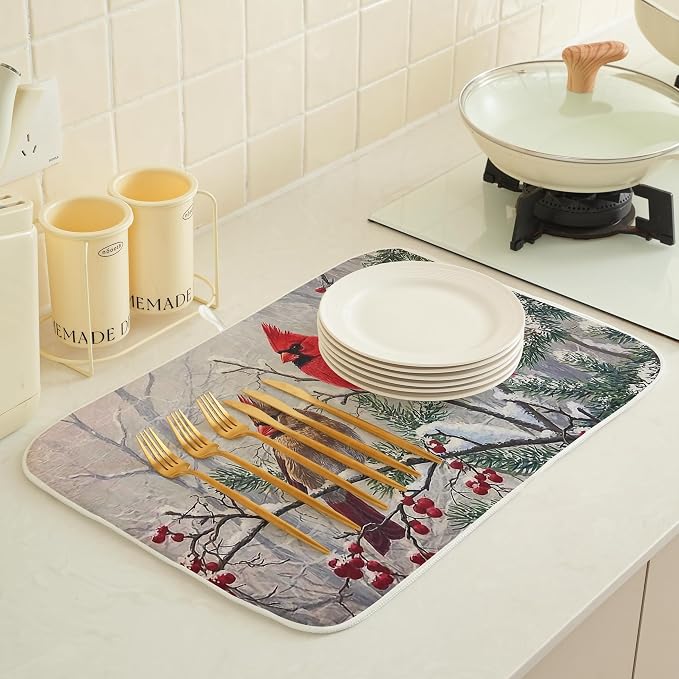 Christmas Dish Drying Mats 18x24 Inch Snow Red Bird Drying Mats Xmas Farmhouse - Image 3
