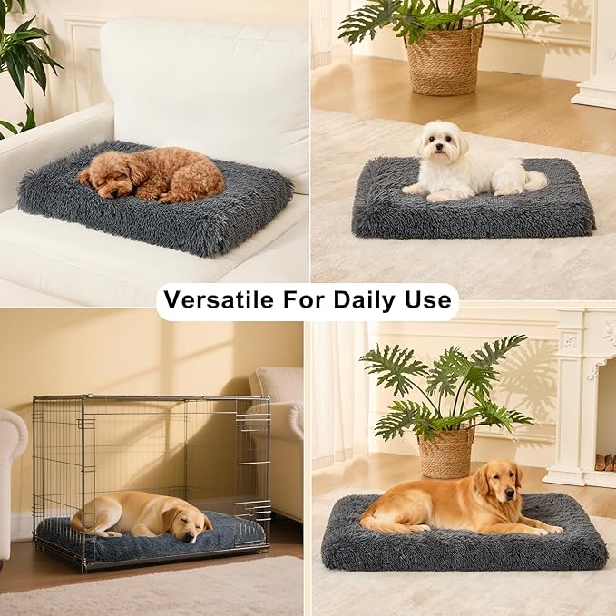 Fluffy Orthopedic Dog Beds for Large Dogs with Washable Removable Cover Dog Crate Bed Egg Crate Foam Support Plush Pet Pad Mat with Anti-Slip Bottom (42 * 28,Dark Grey)
