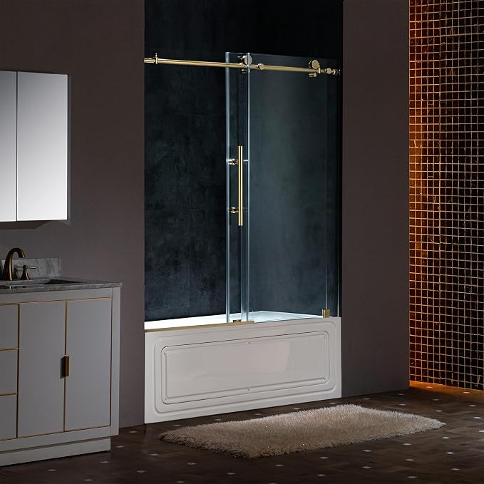 Woodbridge Frameless Single Sliding Shower Doors in Brushed Gold Finish - Image 8
