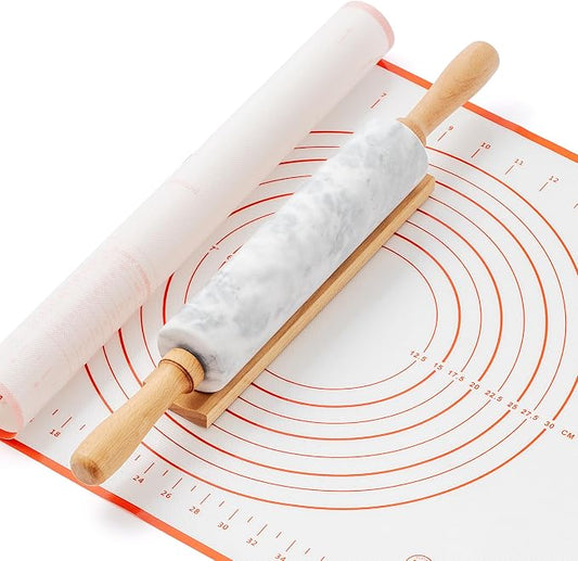 Marble Rolling Pin with Non-Stick Silicone Mat & Wood Base, 16.9-Inch Heavy by WORHE