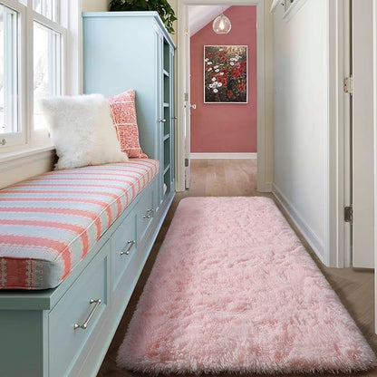 ONASAR Pink Runner Rugs for Bedroom Living Room, 2x6 Washable Bedside Hallway Fluffy Area Rug, Ultra Soft Plush Furry Faux Fur Non Slip Floor Carpet for Nursery Kids Dorm Closet Home Decor Aesthetic
