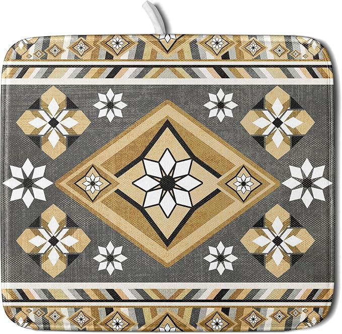 Boho Yellow Gray Aztec Dish Drying Mat by Sweetshow