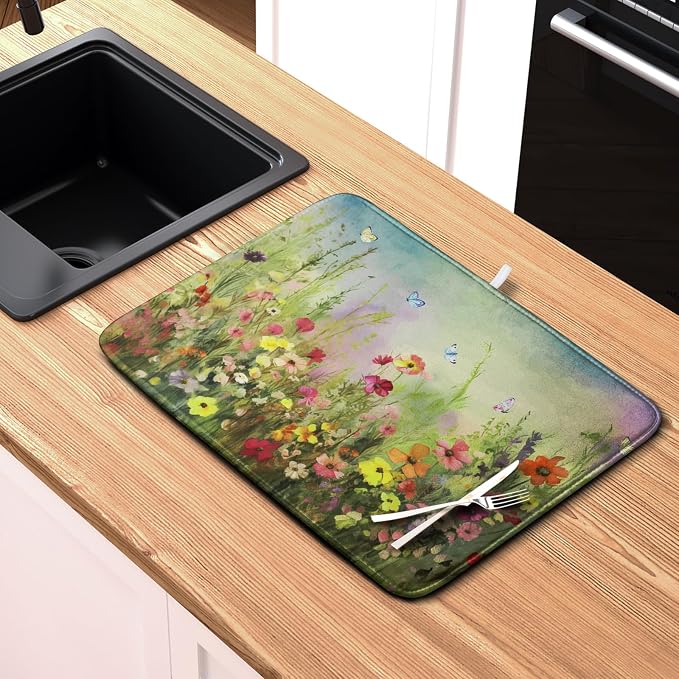 Spring Floral Dish Drying Mat for Kitchen Counter 18x24 Inch Sage Green Wild - Image 6