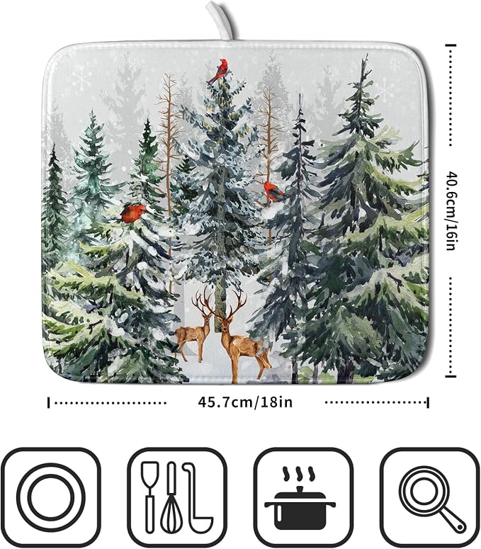 Pine Tree Dish Drying Mat for Kitchen Counter 16x18 Inch Forest Deer Absorbent - Image 2