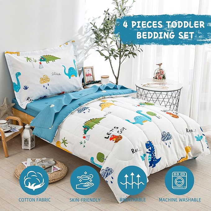 DJY Cotton Toddler Bedding Set for Boys Girls, 4 Pieces Dinosaur Toddler Bed Comforter Set, Includes Quilted Comforter, Flat Sheet, Fitted Sheet and Pillowcase