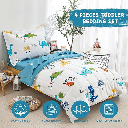 DJY Cotton Toddler Bedding Set for Boys Girls, 4 Pieces Dinosaur Toddler Bed Comforter Set, Includes Quilted Comforter, Flat Sheet, Fitted Sheet and Pillowcase