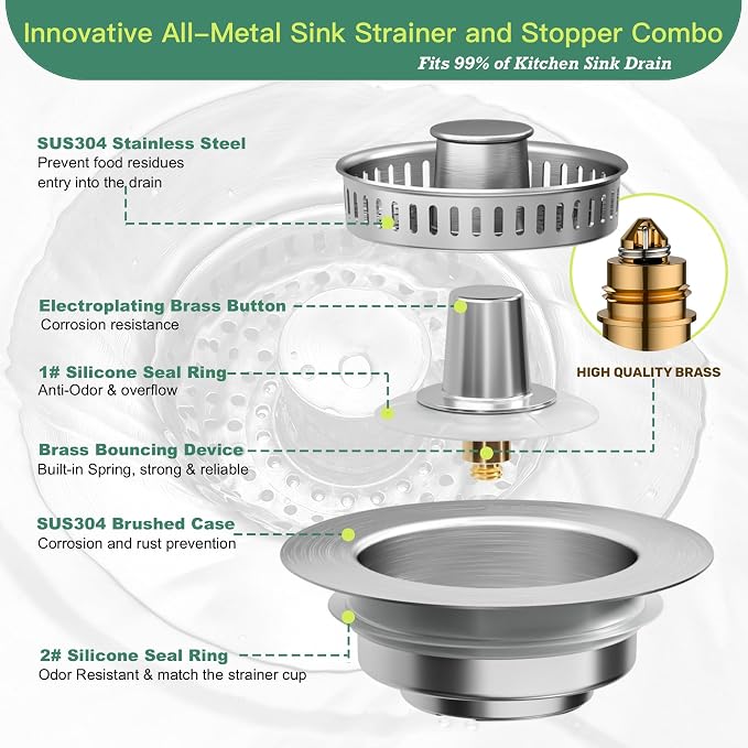 Sink Drain Strainer 3 in 1, 304 Stainless Steel Pop Up Sink Stopper, - Image 5