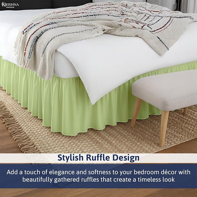 KRISHNA Ruffled Bed Skirt with Split Corners Twin, 100% Microfiber Hotel Quality, 18 Inch Drop Dust Ruffle Gathered Bedskirt with Platform, 39" x 75", Sage