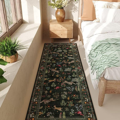 Rugcomf Runner Rug for Kitchen Rug Non Slip 2'6''x8' Washable Rugs with Rubber Backing Soft Floral Animal Carpet Runner for Kitchen, Laundry, Bedroom, Bathroom (Green)