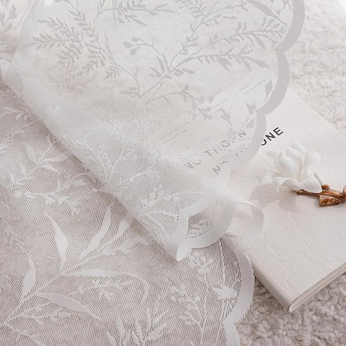 Anmao Vintage Lace Kitchen Curtains 24 Inches Long 2 Panels, Romantic Semi Sheer Floral Over Sink Lacy Cafe Curtain, Elegant Window Short Small Drapes, 55W x 24L, White Leaf