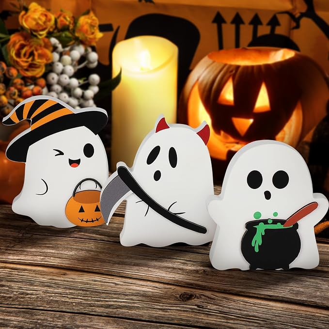 COCHIE Cute Ghost Halloween Decorations Indoor, Wooden Tiered Tray Decor Table by COCHIE