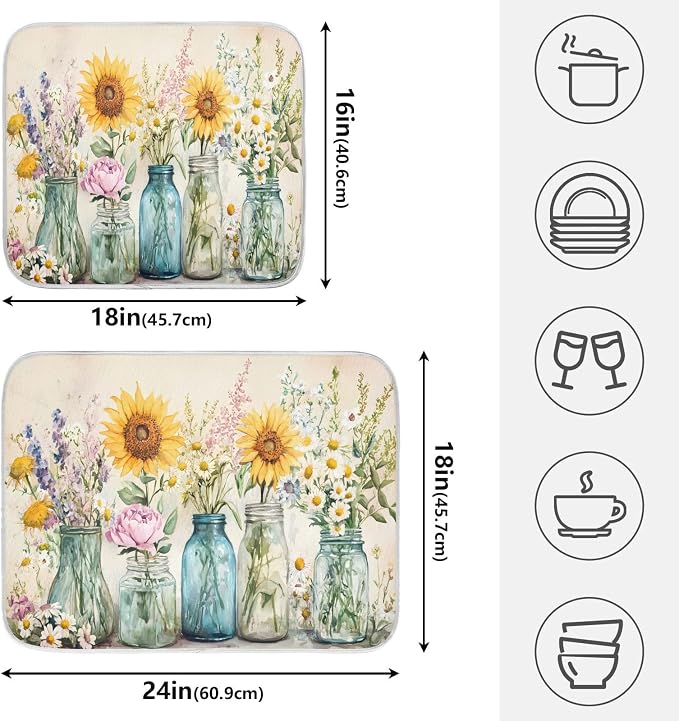 Spring Summer Floral Jars Flowers Dish Drying Mat - Image 2