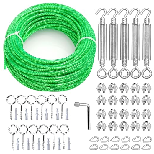 100 Ft Turnbuckles for Cables Wire, 3/16" Green PVC Coated Wire Rope Kit by hannger