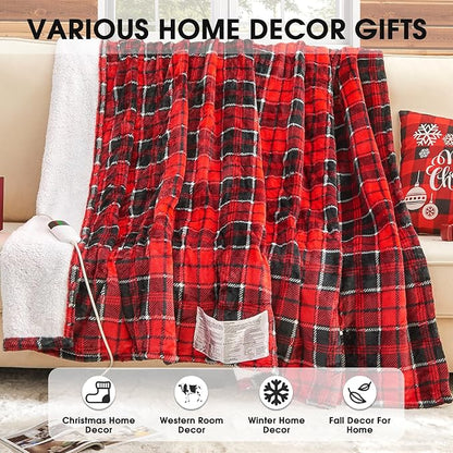 Heated Electric Blanket Full Size,72X84 Heating Blanket,Red Plaid Soft Sherpa Blankets Warmer Gift for Grandma Women Adult,Fast Heating Washable