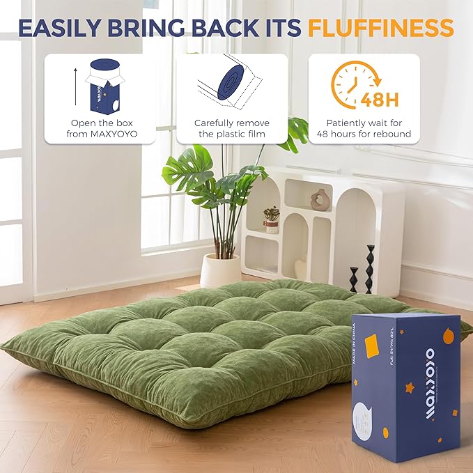 MAXYOYO Japanese Floor Mattress Full Size, 6" Foldable Futon Mattress Tufted Roll Up Floor Bed, Thick Chenille Tatami Mat Sleeping Pad for Camping Guest Room Dormitory Bedroom RV, Green