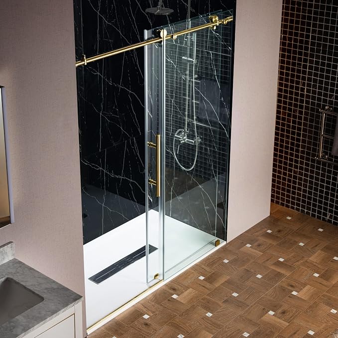 Woodbridge Frameless Single Sliding Shower Doors in Brushed Gold Finish - Image 15
