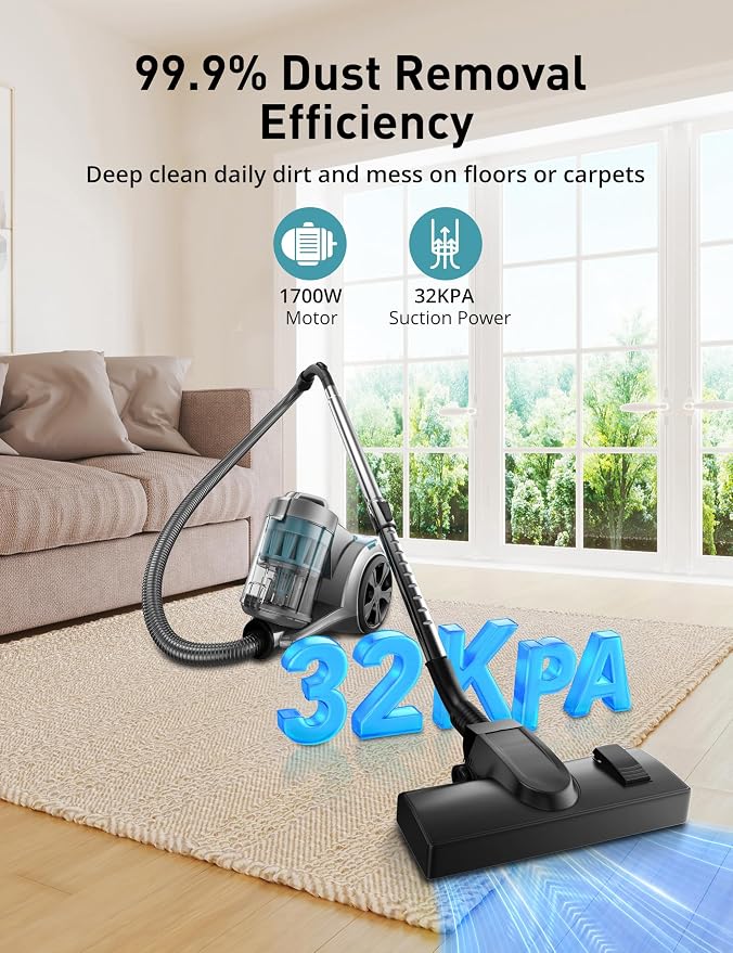Aspiron 1700W Canister Vacuum Cleaner, 32Kpa Bagless Vacuum Cleaner, 2 - Image 2