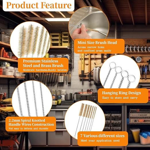 14-Pieces Brass Wire Brush Stainless Steel Tube Brush Set 12" Round Wire - Image 3