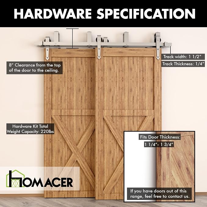 Homacer Brushed Nickel Double Track U-Shape Bypass Sliding Barn Door Hardware - Image 5