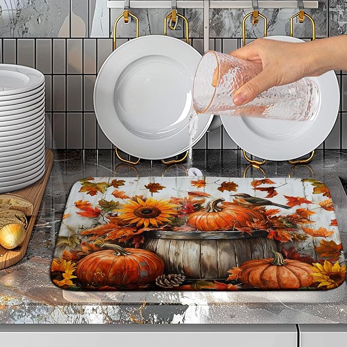 Fall Dish Drying Mat for Kitchen Counter Autumn Thanksgiving Pumpkin Sunflower - Image 5