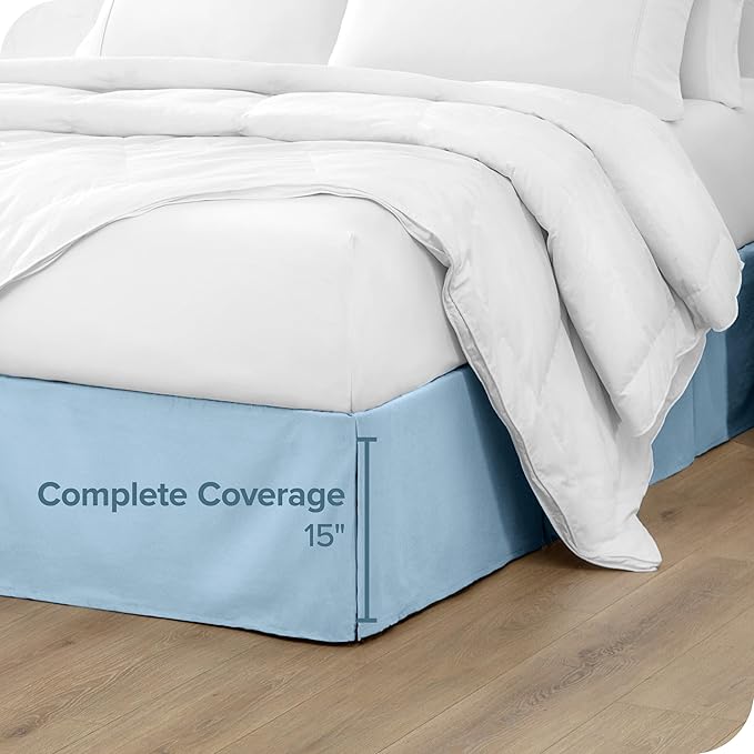 Bare Home Queen Bed Skirt - 15-Inch Tailored Drop Easy Fit - Bed Skirt for Beds - Center & Corner Pleats (Queen, Light Blue)