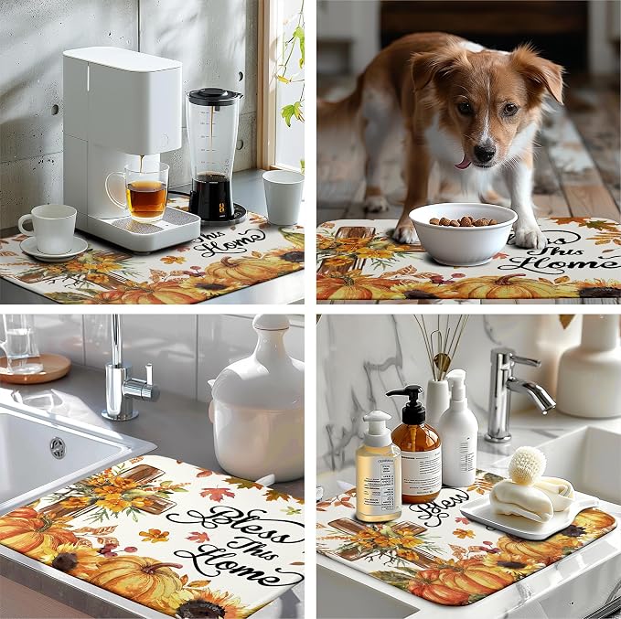 Fall Drying Mat for Kitchen Counter Autumn Thanksgiving Pumpkin Cross Dish Mat - Image 7
