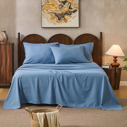 100% Linen Sheets King Size,Breathable & Durable 4-Piece Bed Flax Sheet Set,Soft All-Season Bedding for Hot Sleepers 16" Deep Pocket Oeko-TEX Certified,（King, Dusty Blue）