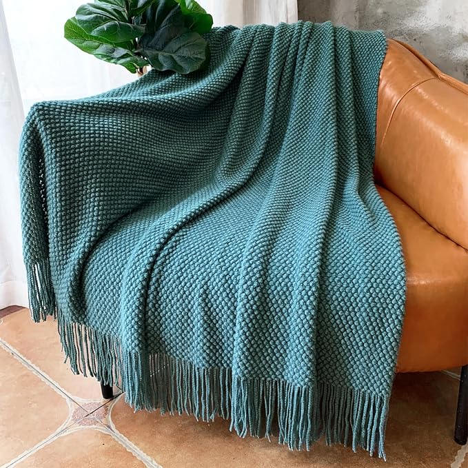 LOMAO Knitted Throw Blanket with Tassels Bubble Textured Lightweight Throws for Couch Cover Home Decor (Teal, 60x80)