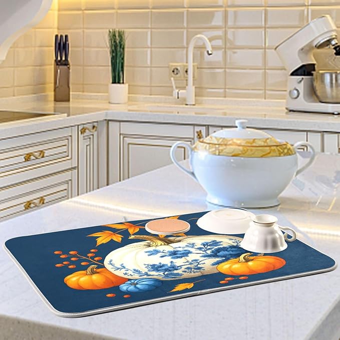 Pumpkin Porcelain Blue White Dish Drying Mat - Image 6